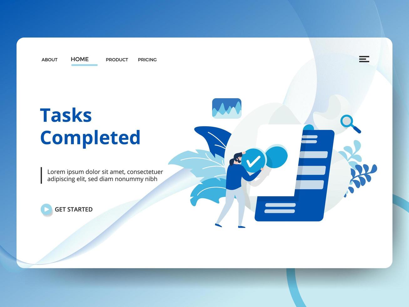 Tasks Completed Landing Page with Worker Holding Check Mark vector