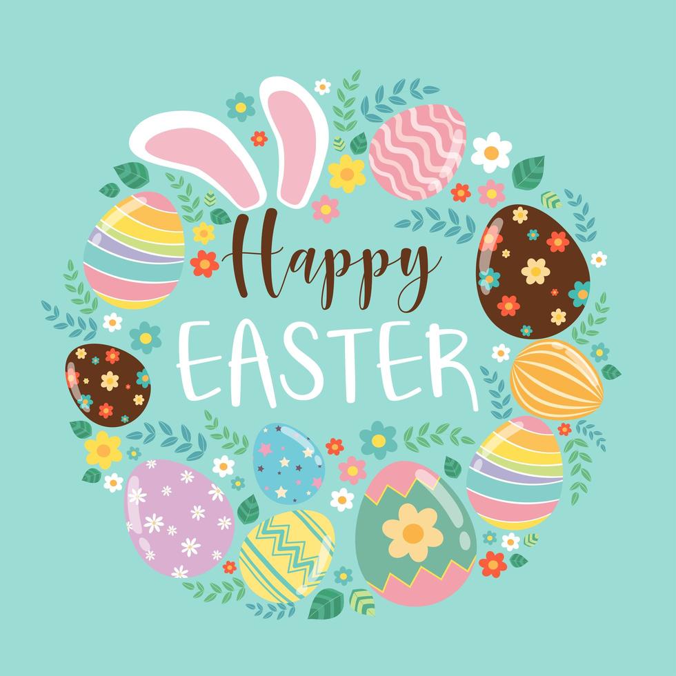 Colorful Happy Easter greeting card with rabbit ears, eggs and text vector