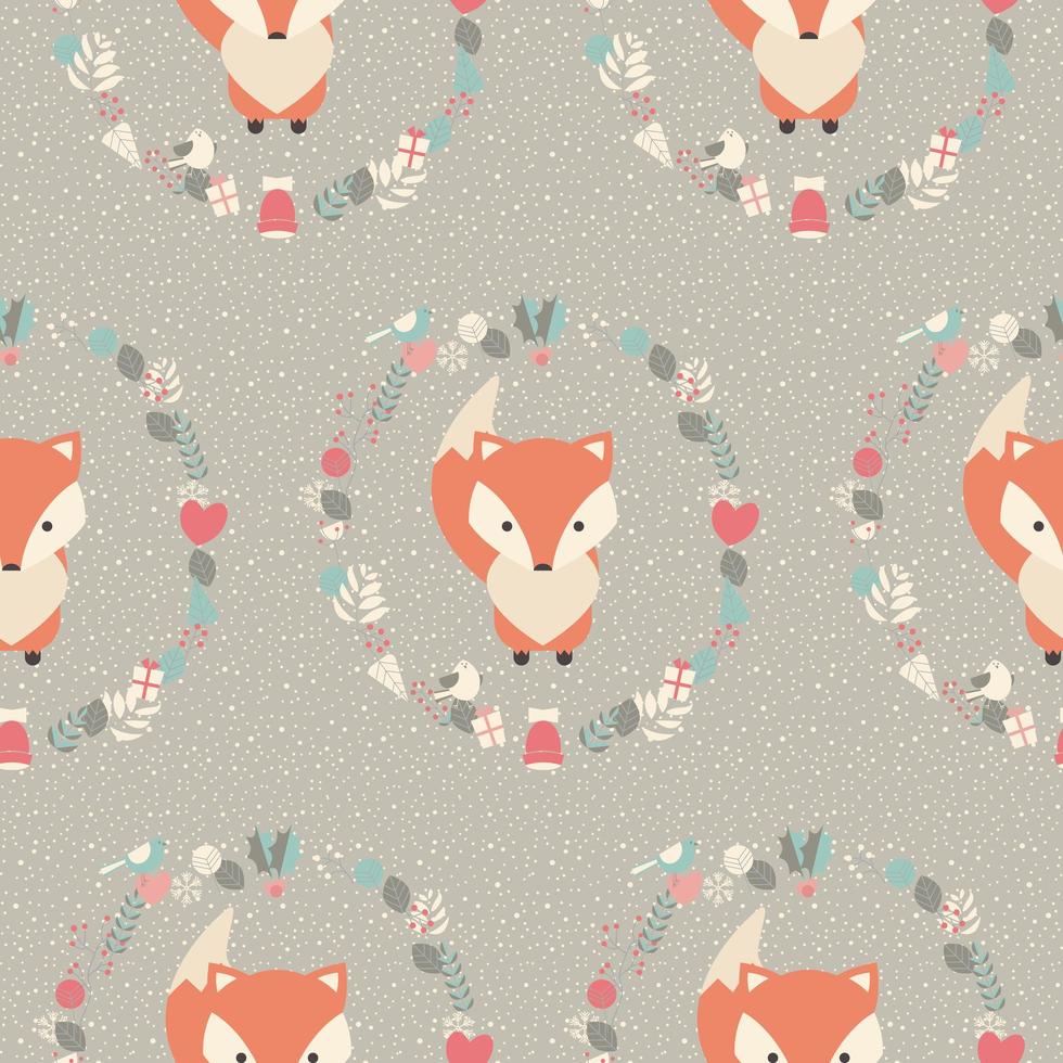 Seamless pattern with cute Christmas baby fox surrounded with floral decoration vector