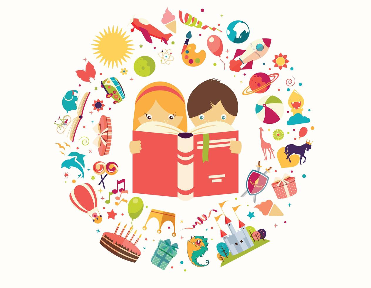 Imagination concept, boy and girl reading a book objects flying out vector