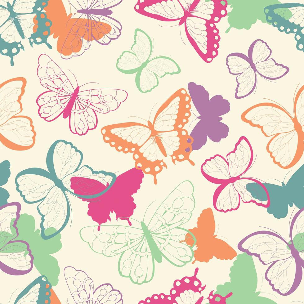 Patrón transparente de vector con mariposas coloridas dibujadas a mano