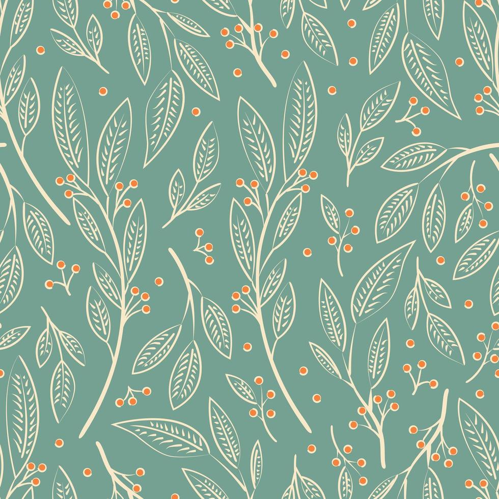 Seamless pattern design with hand drawn leaves and berries vector