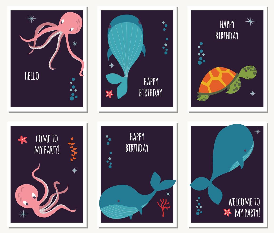 Set of six cards with underwater animals and birthday messages vector