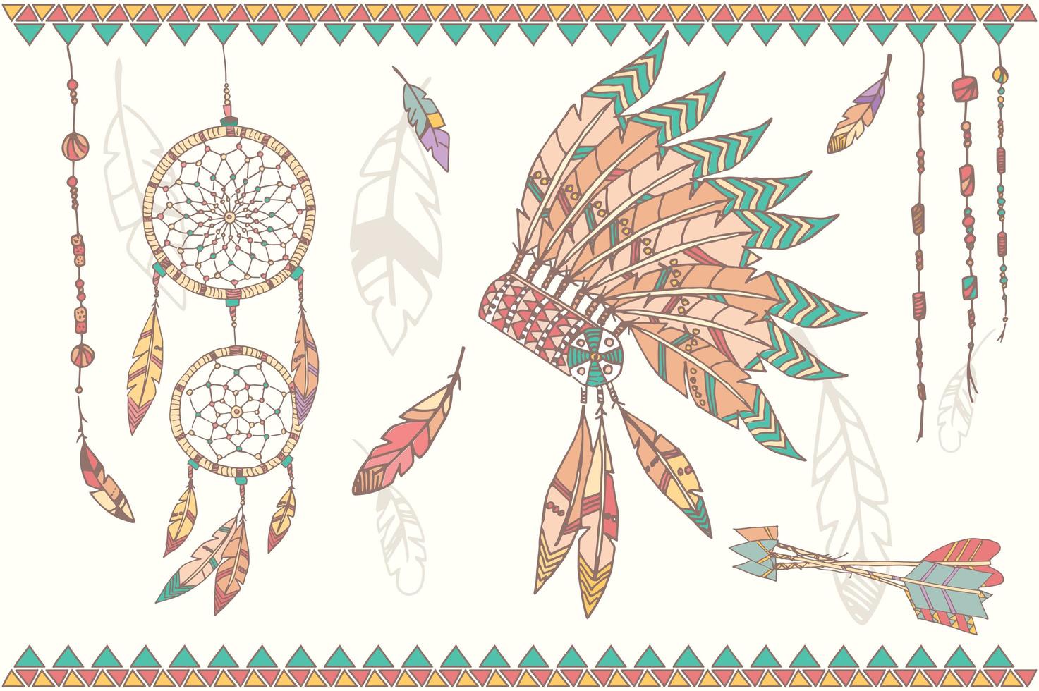 Hand drawn native american dream catcher, beads and feathers vector