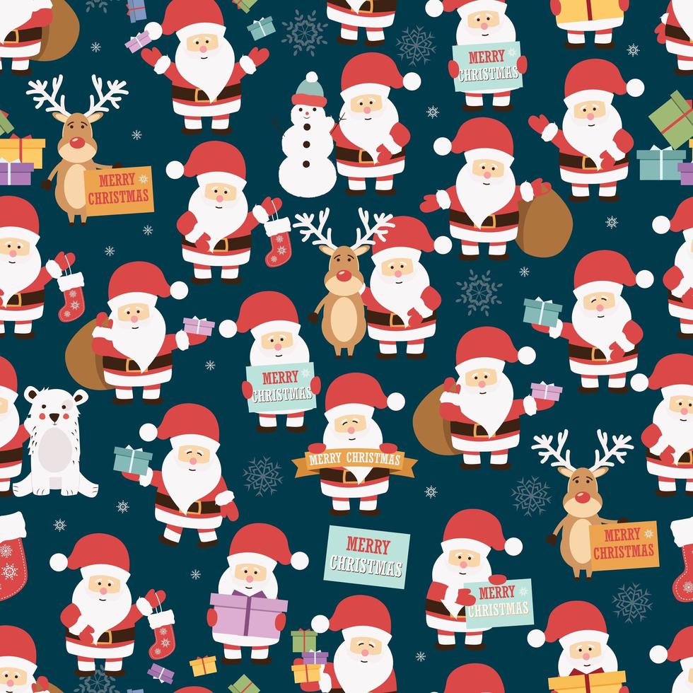 Christmas seamless pattern with santa claus, reindeer, bear and gifts vector