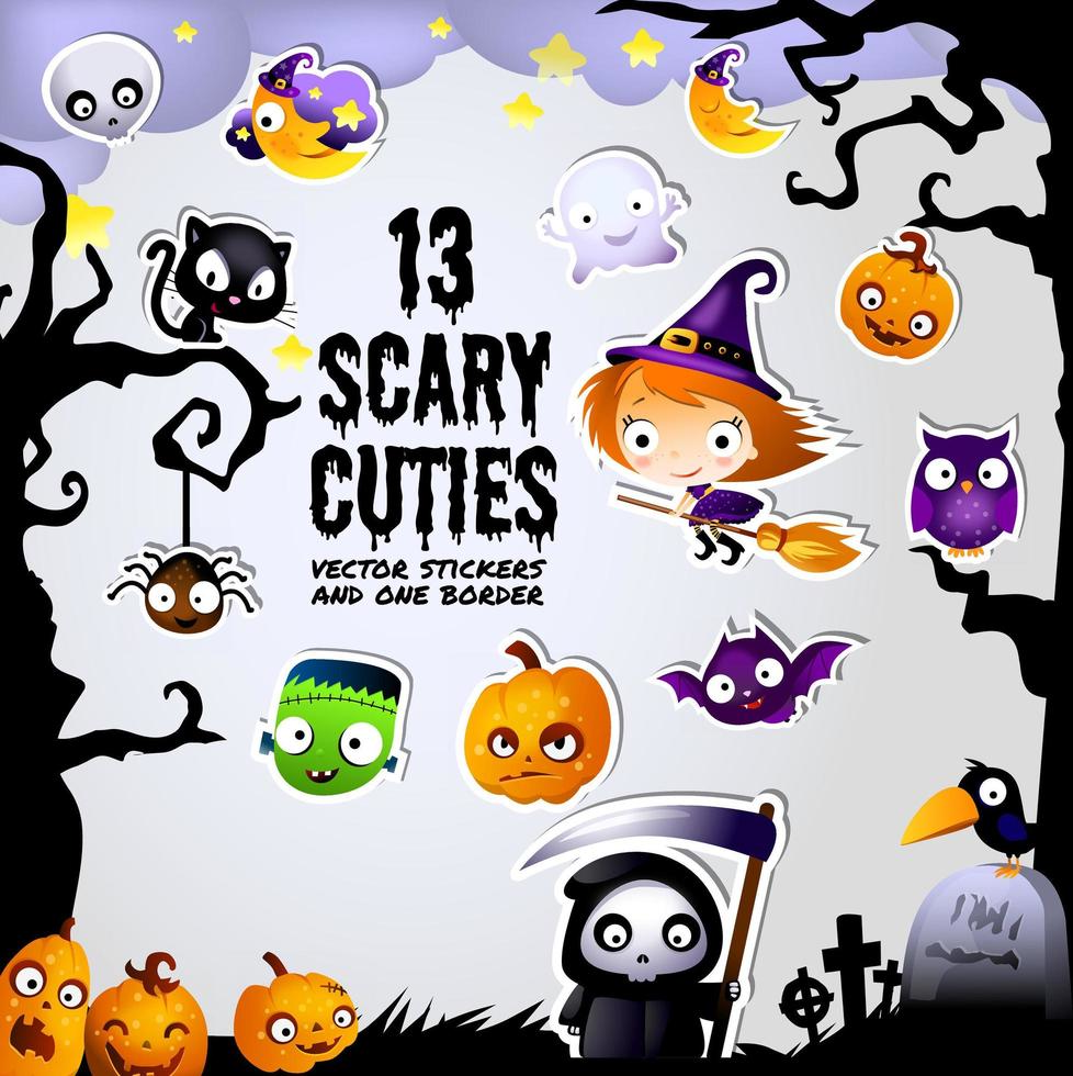 pegatinas de miedo cuties de halloween y conjunto de marco de borde vector