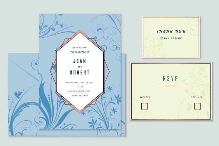 Conjunto de flores azules florece tarjetas de invitación de boda. vector