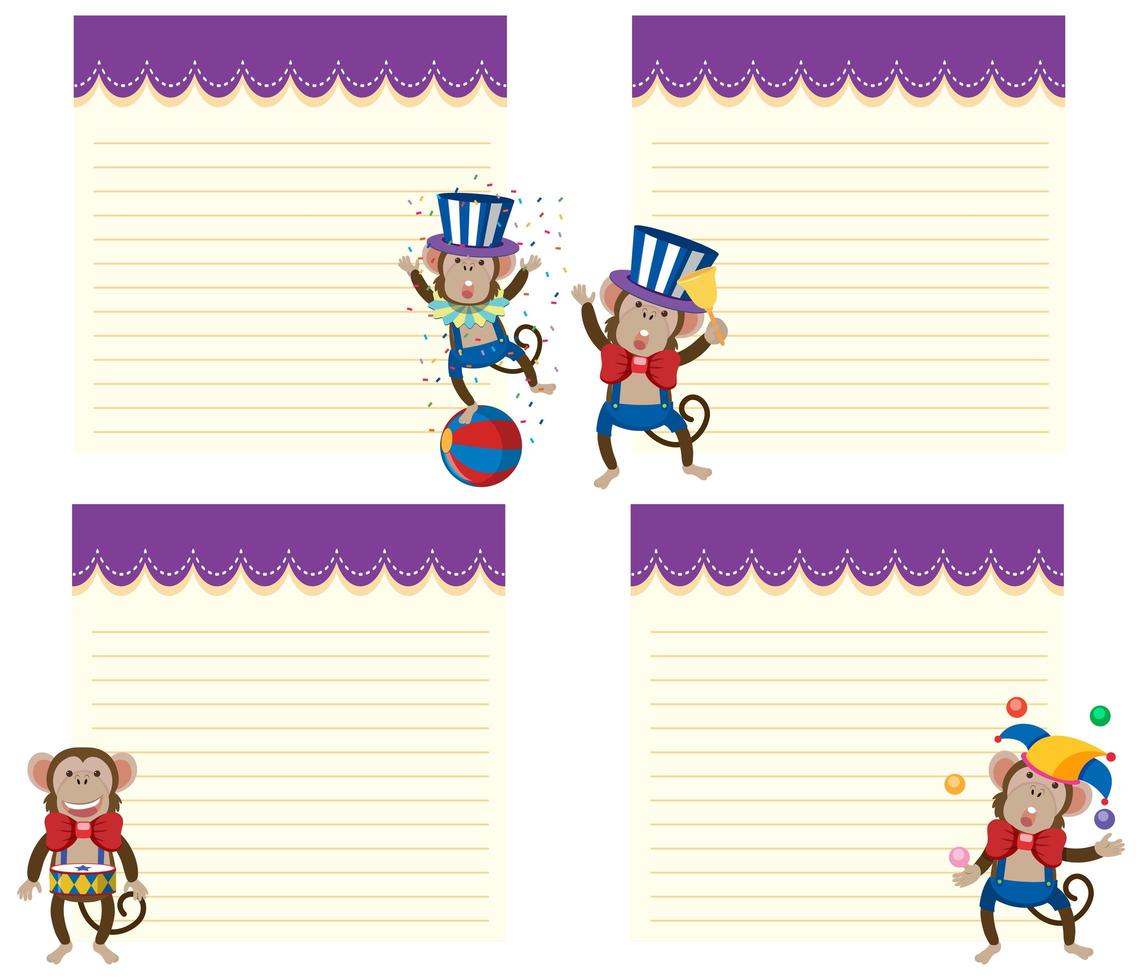 Set of circus monkey note templates vector