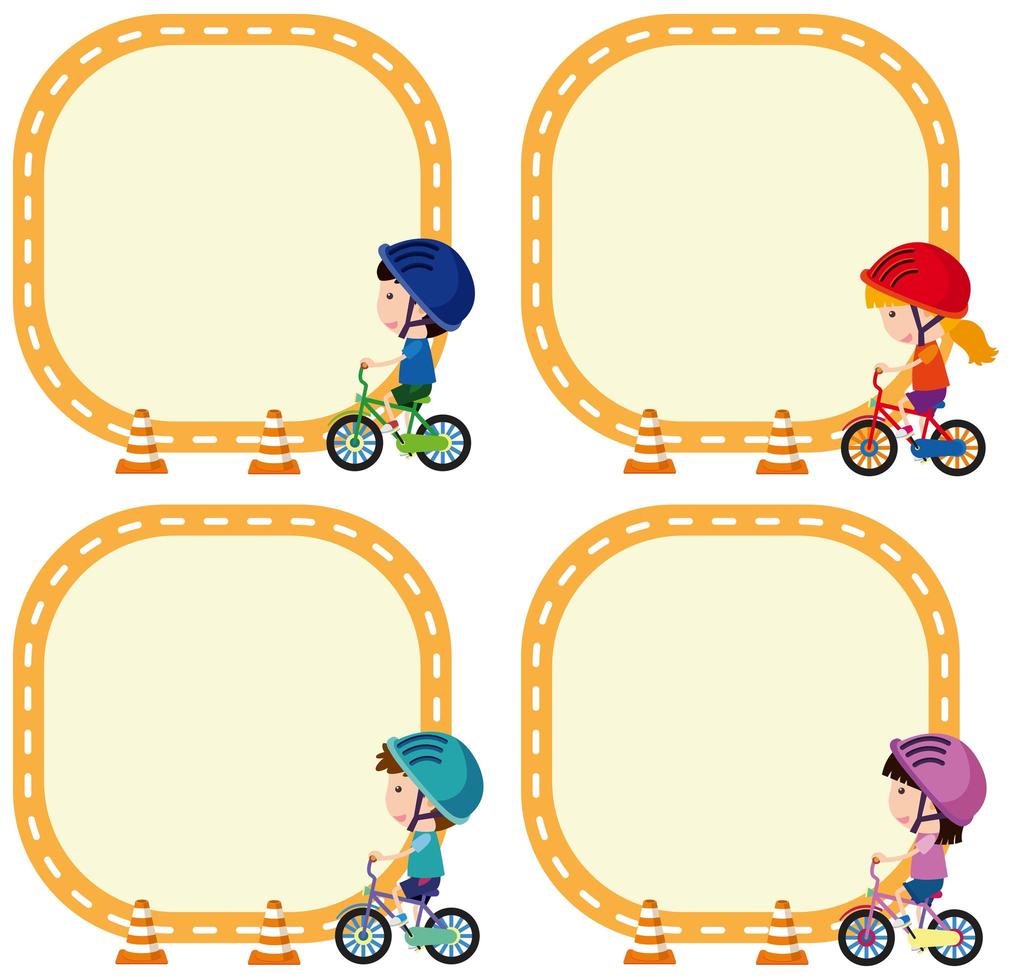 Conjunto de niños montando bicicleta en plantilla de nota vector