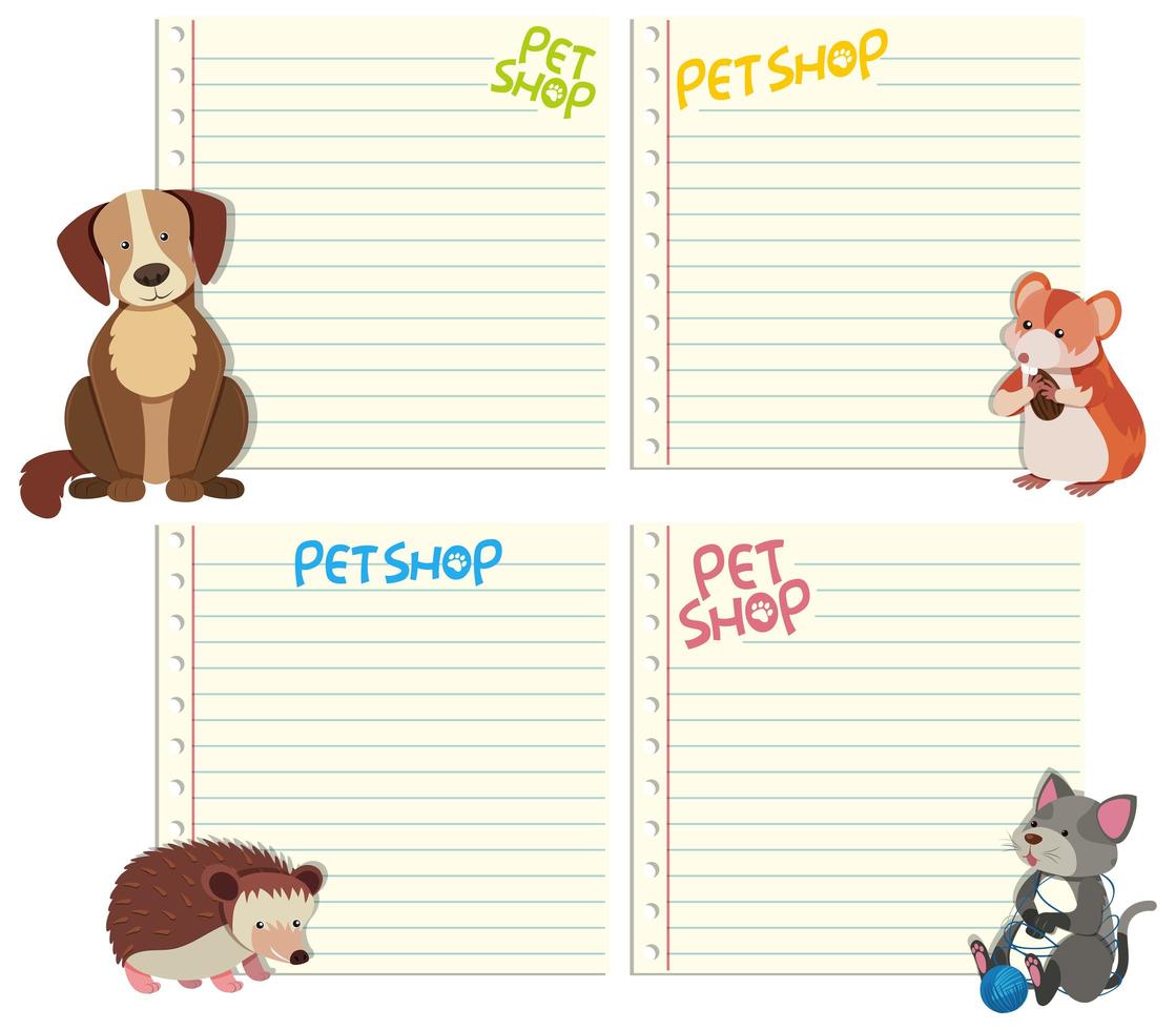 Set of animal on note template vector