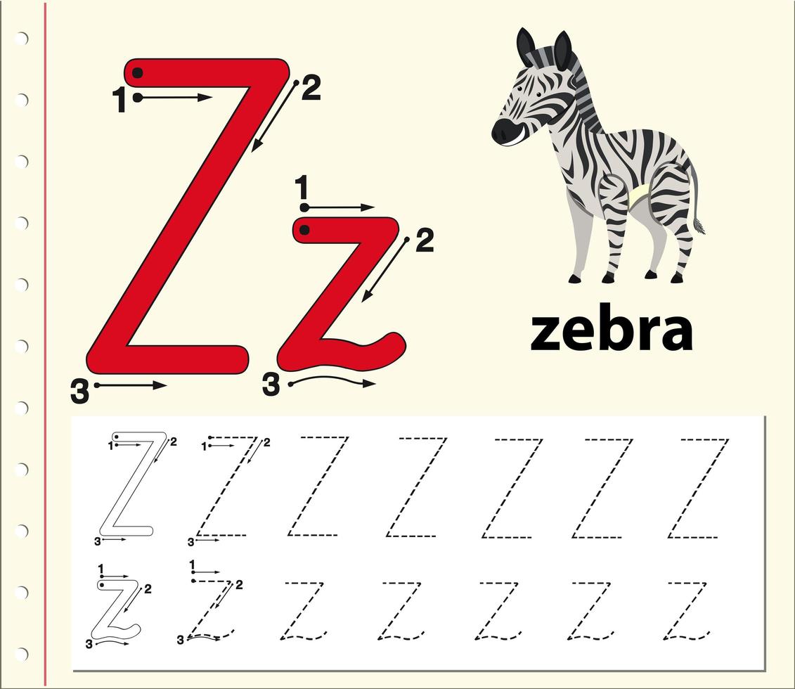 Letter Z tracing alphabet worksheets vector