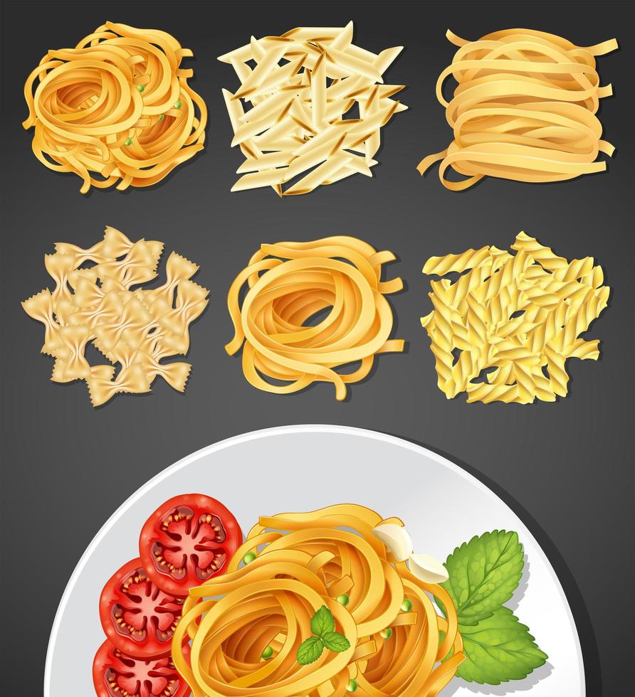 Diferentes tipos de pastas y platos de pasta. vector