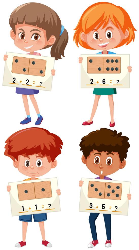 Set of children holding math worksheet vector