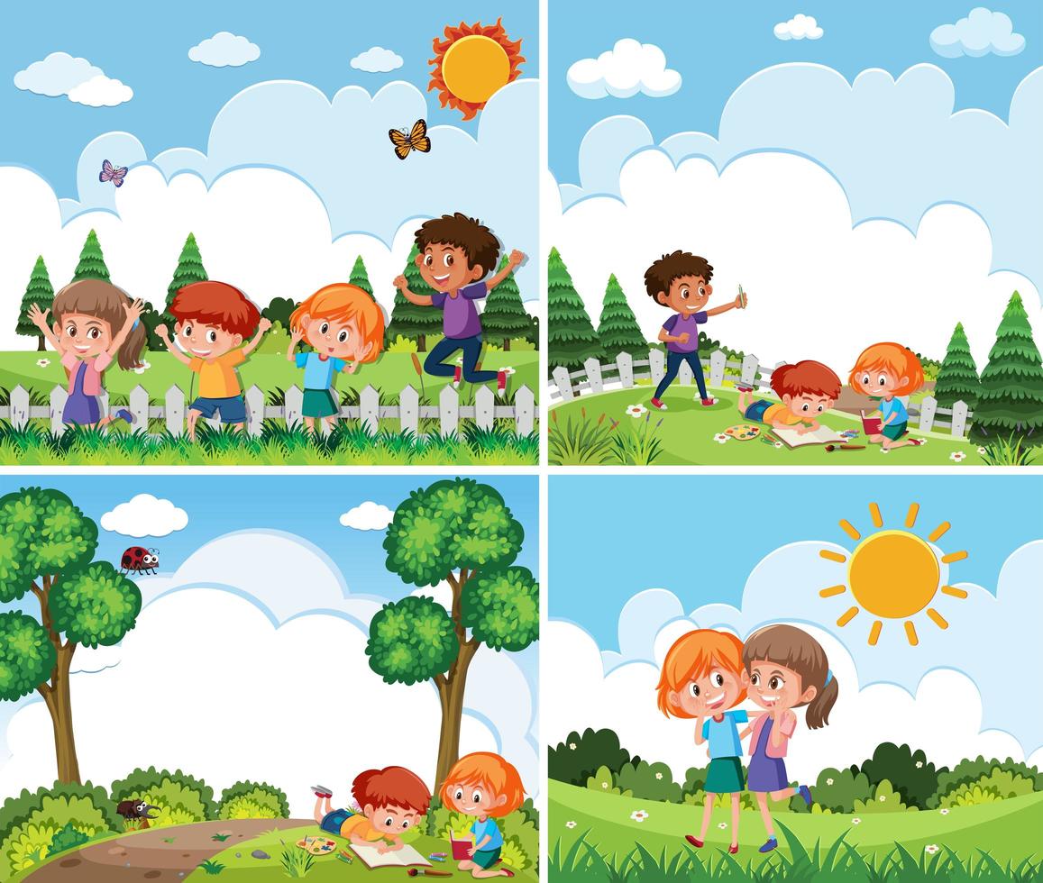 Un conjunto de niños jugando en la naturaleza. vector