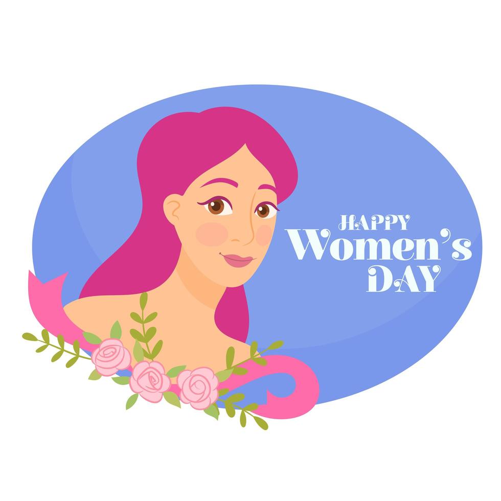 Young girl with pink roses and  Happy Women's Day message vector