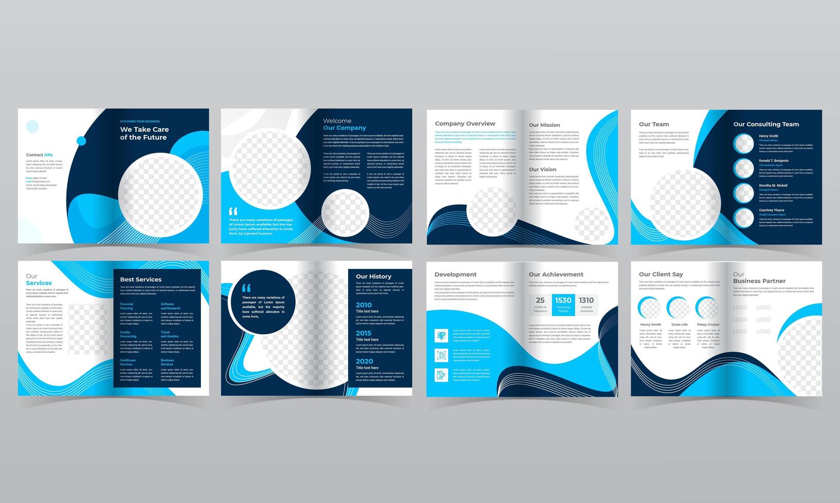 16 page business brochure template with blue fluid shapes vector