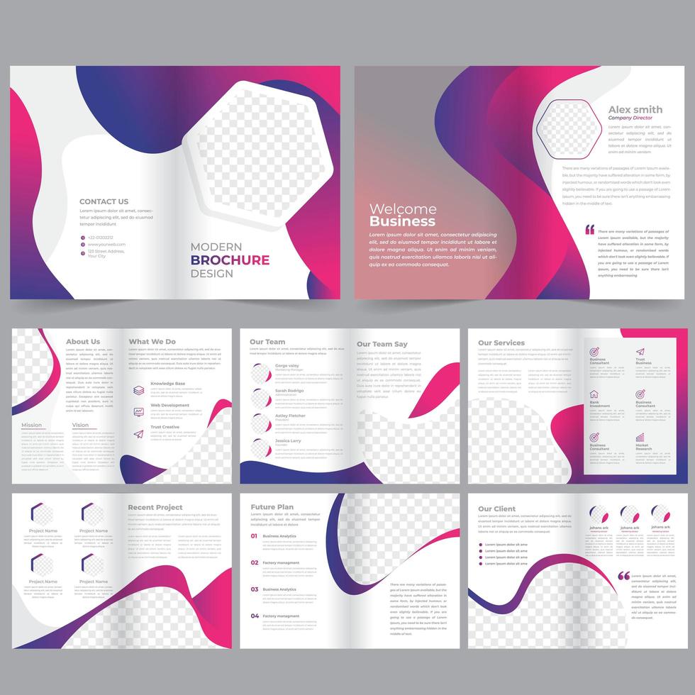 16 page pink and purple geometric business brochure template vector