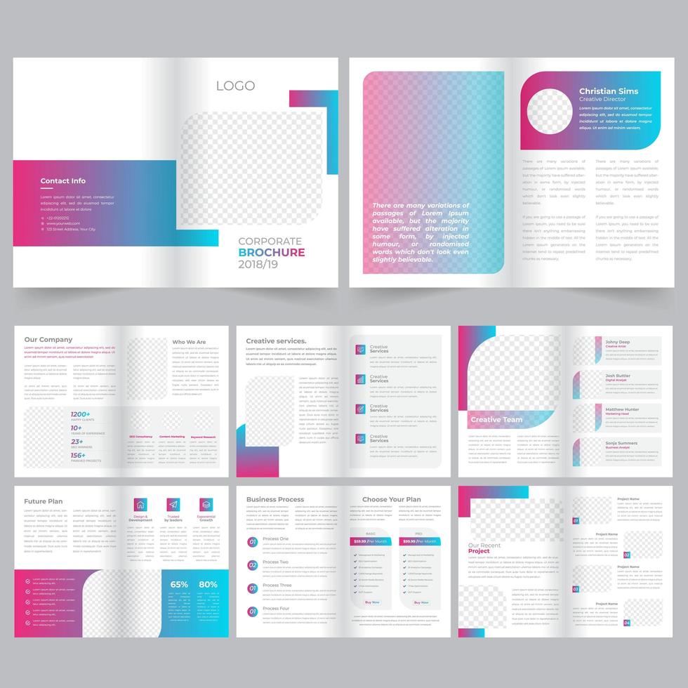 16 Page Blue Pink Gradient Brochure Template vector