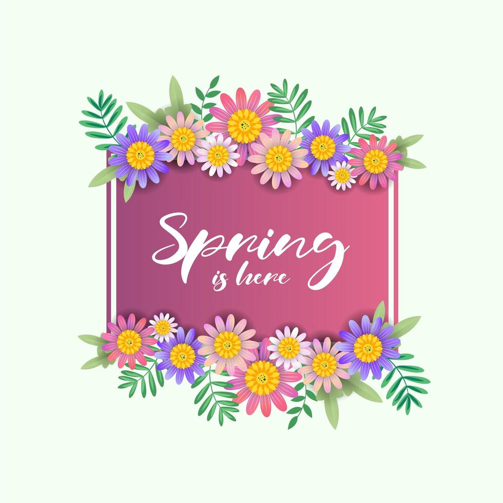 Spring is here flowers and square gradient frame design vector