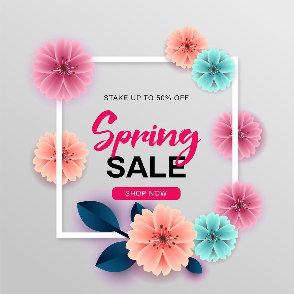 Spring sale design with white frame and flowers vector