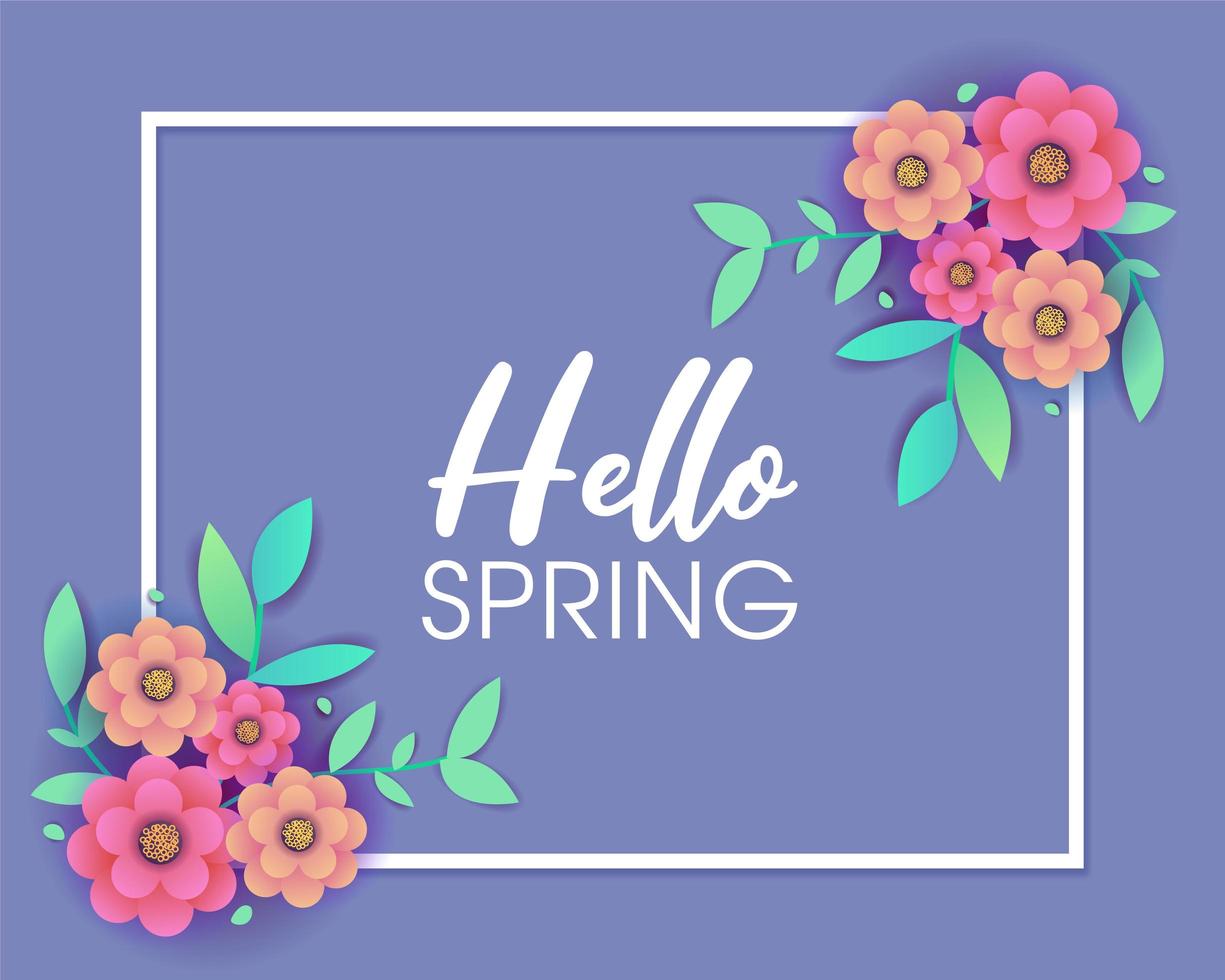 Purple Spring greeting design with frame and flowers vector