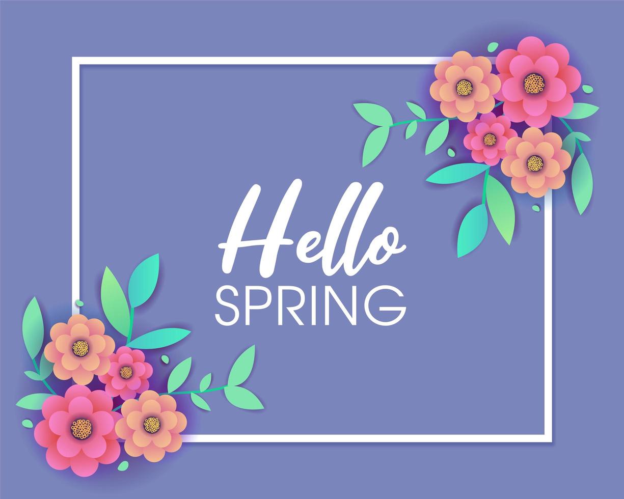 Purple Spring greeting design with frame and flowers