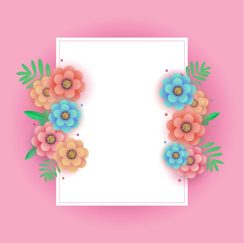 Diseño de tarjeta de felicitación de primavera con flores y tarjeta en blanco vector