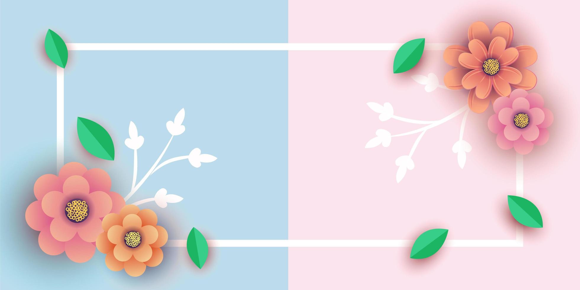 Diseño de banner de mitad y mitad de primavera con marco y flores. vector