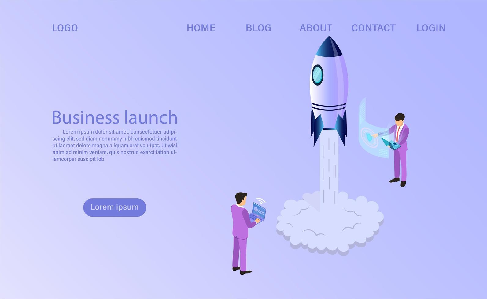 Start up launch landing page with rocket and business men vector