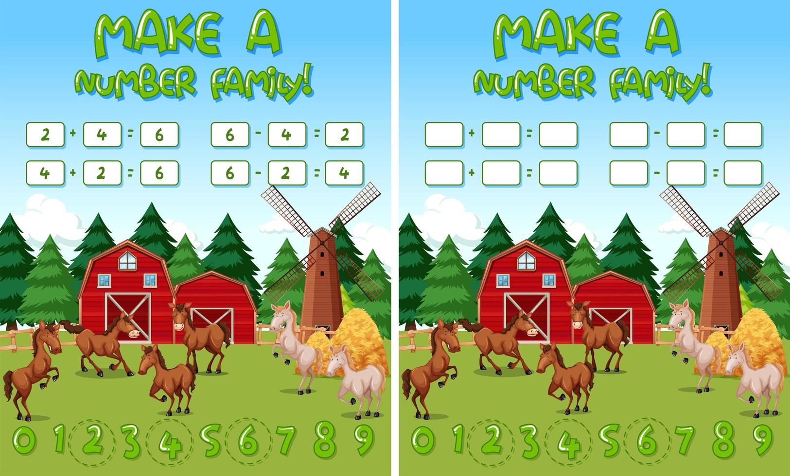 Plantilla de juego de matemáticas de granja con caballos y objetos de granja vector