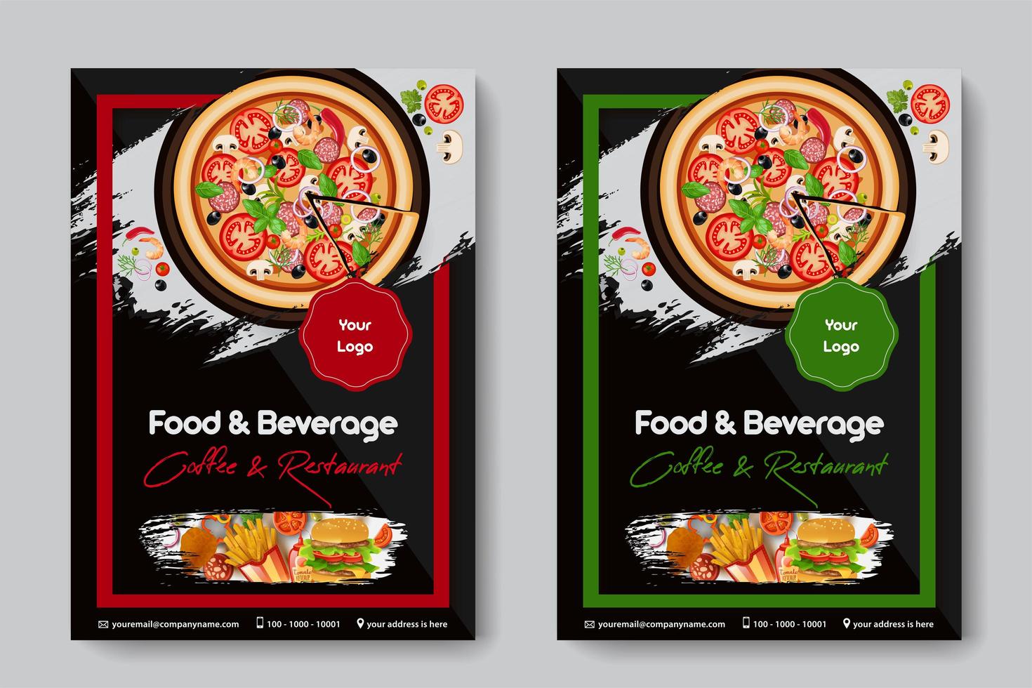 Food Restaurant A4 Size 2 Flyers Red And Green Frames Color vector