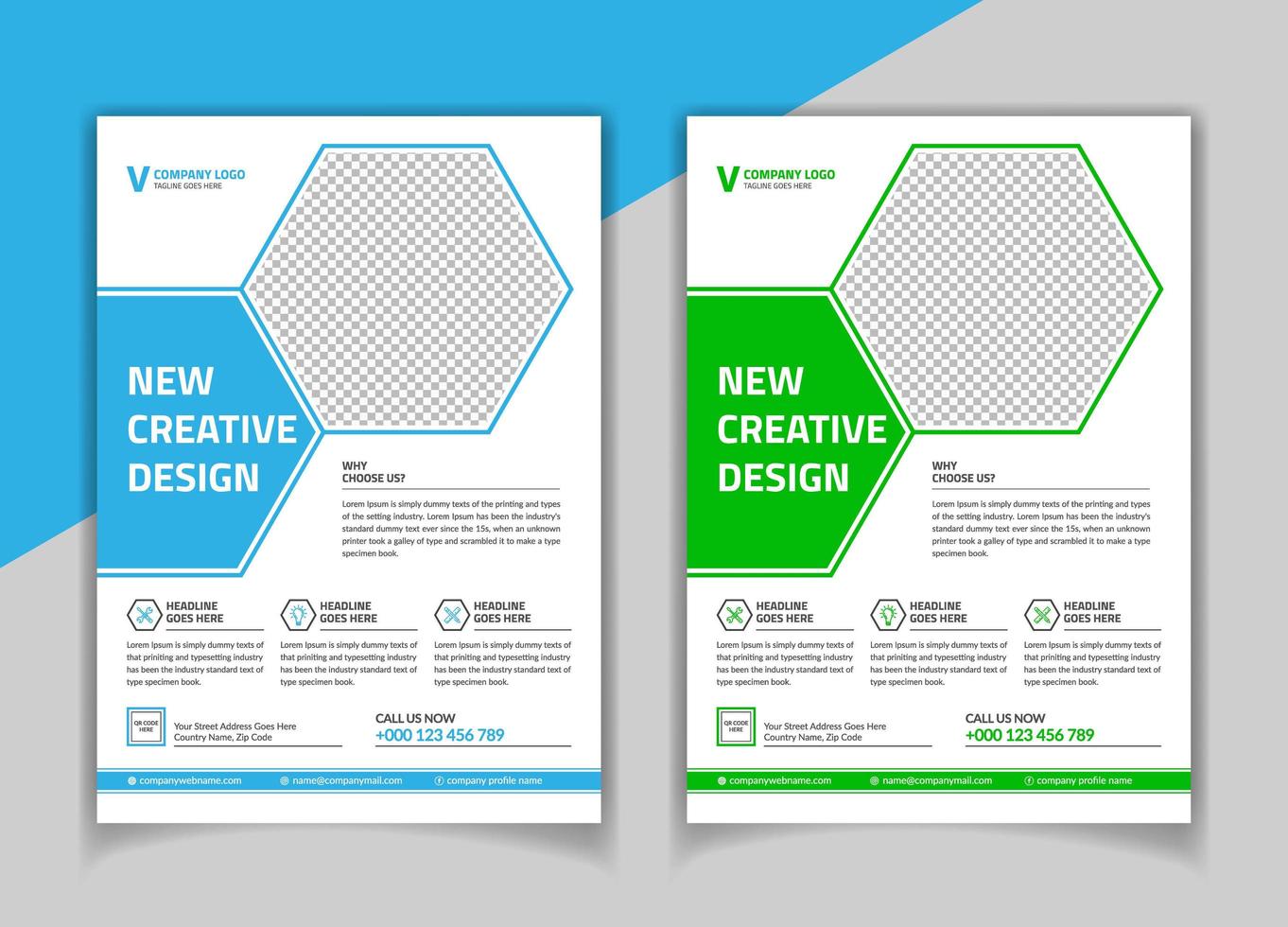 Plantilla de volante de forma hexagonal verde y azul vector