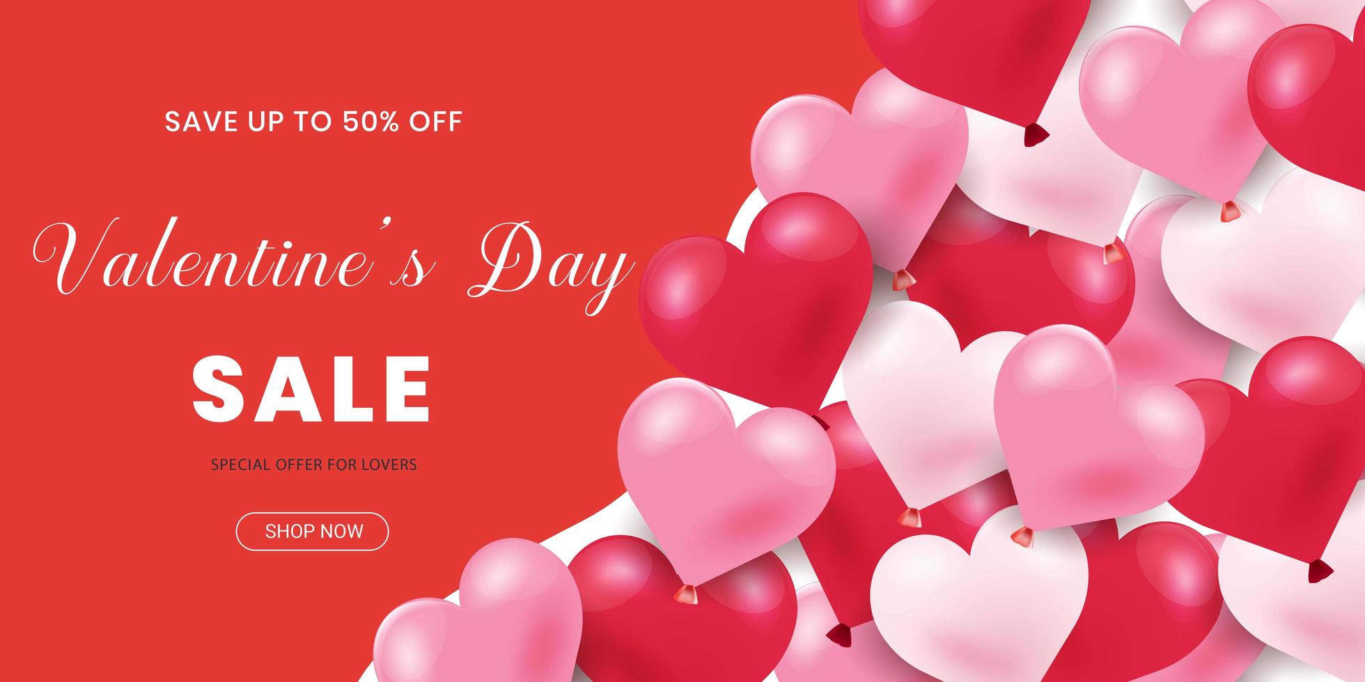 Valentine's Day Sale banner heart shaped red, pink and white balloons