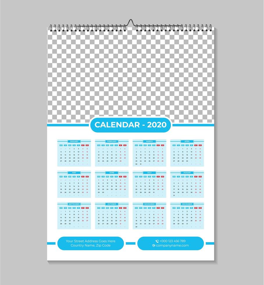 Plantilla de calendario de pared Blue One page 2020 vector