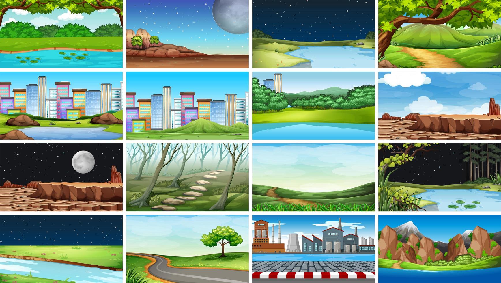 Huge set of nature, urban, factory and rural scenes vector