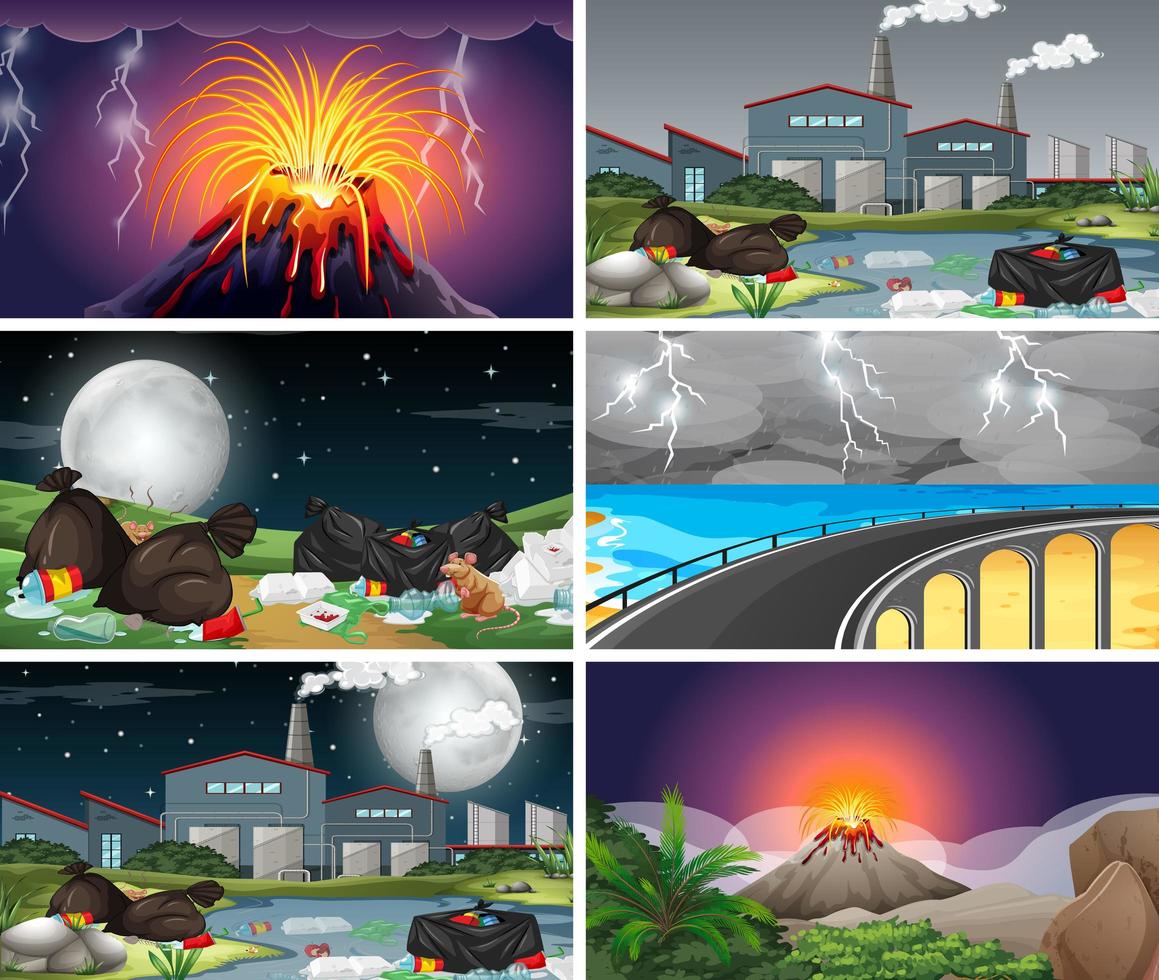 Set of polluted scenes and volcanos  vector