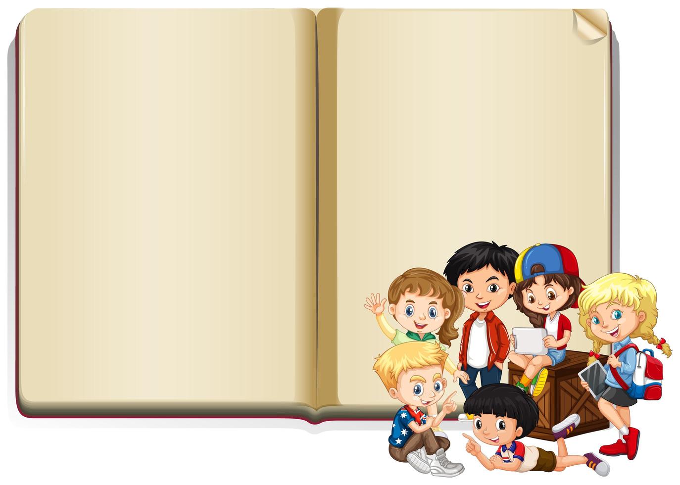 Banner de libro en blanco con niños en frente vector