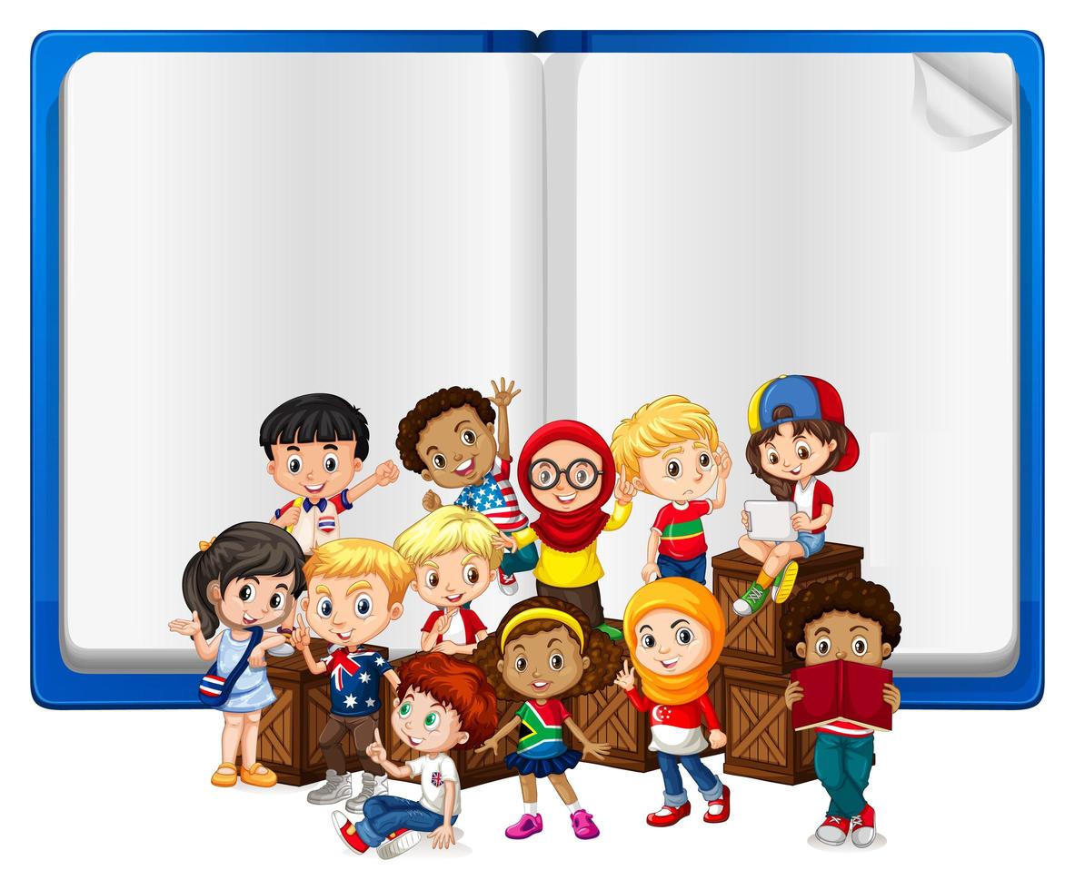 Plantilla de libro en blanco con niños vector