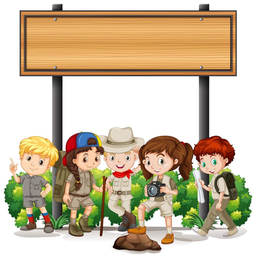 Grupo de niños de camping bajo signo vector