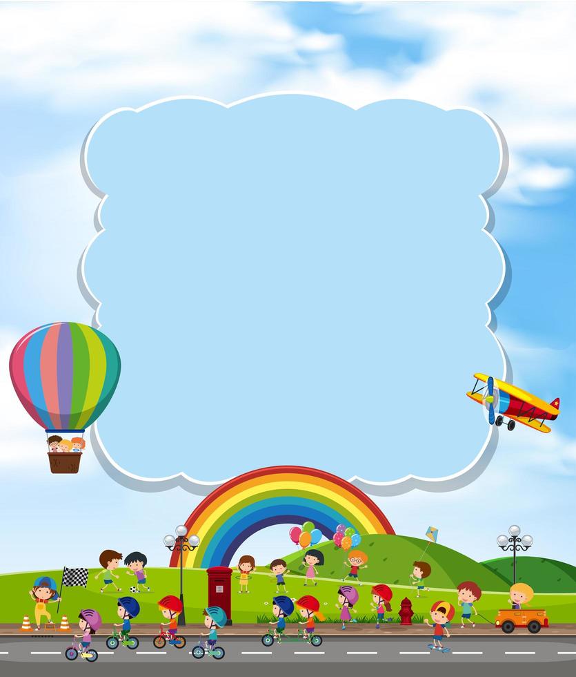 Blank cloud with children and rainbow vector