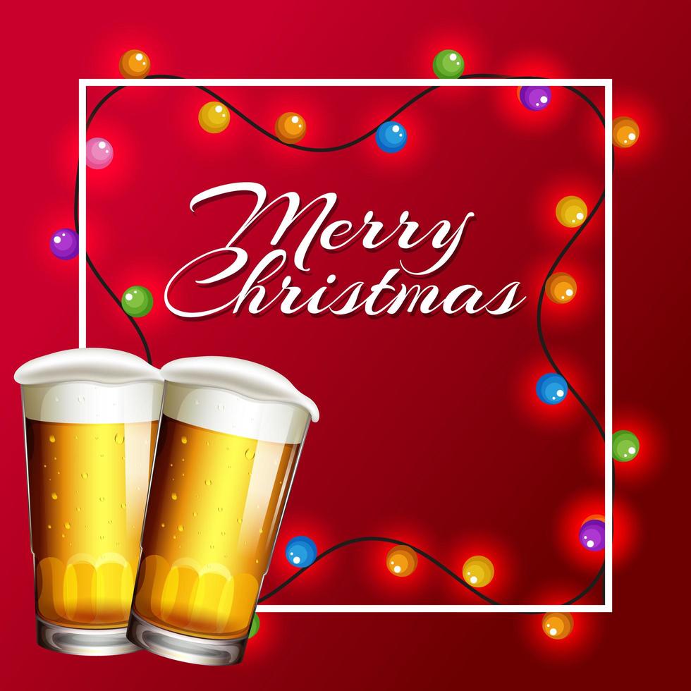 Tarjeta de navidad con luces y cerveza vector