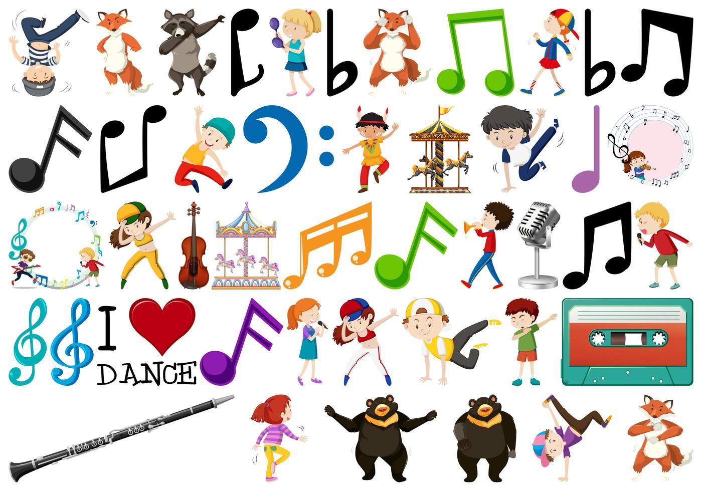 Music Set with Kids Playing and Dancing vector