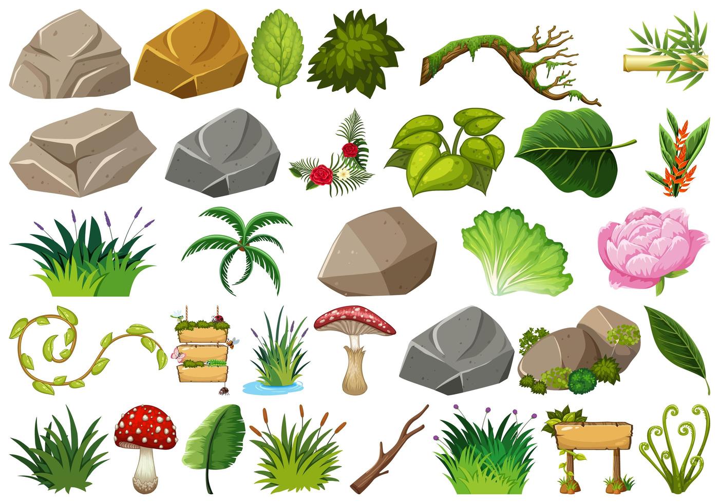 Conjunto de objetos aislados tema - rocas y plantas vector