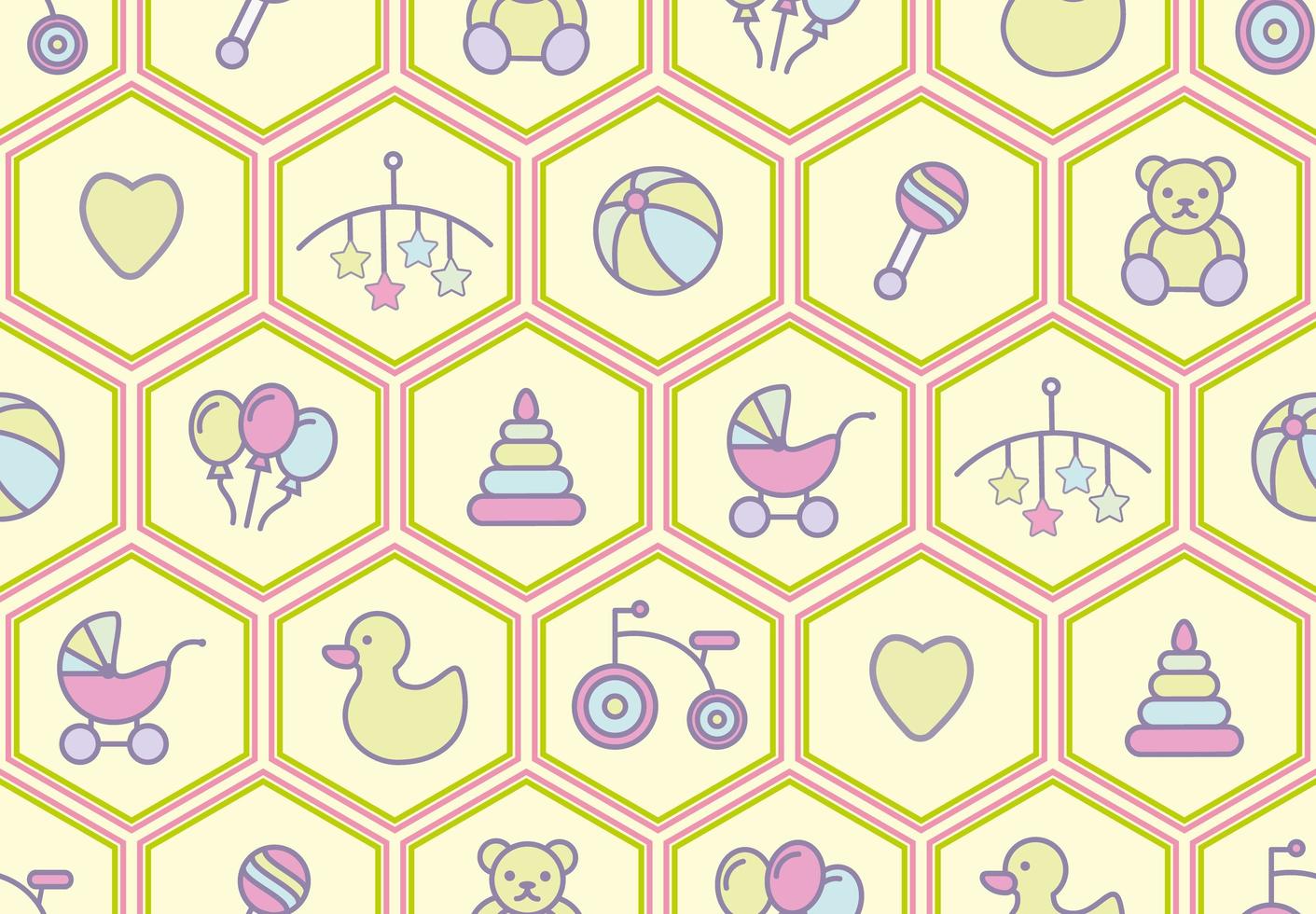 Baby Toys Seamless Pattern with rattle, Bear, Tricycle and More vector