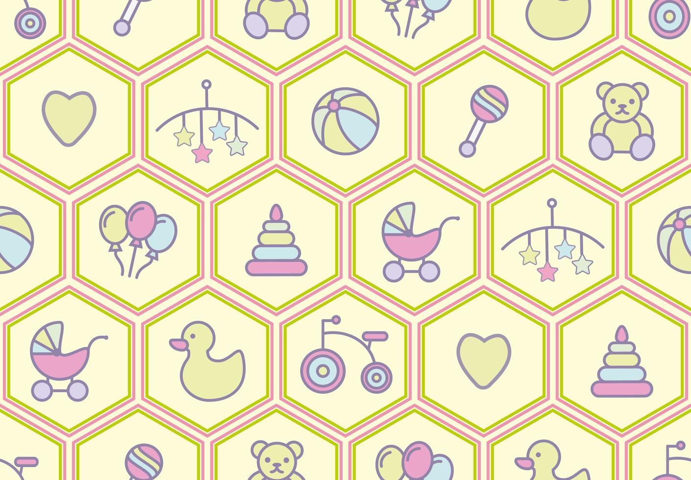 Baby Toys Seamless Pattern with rattle, Bear, Tricycle and More vector