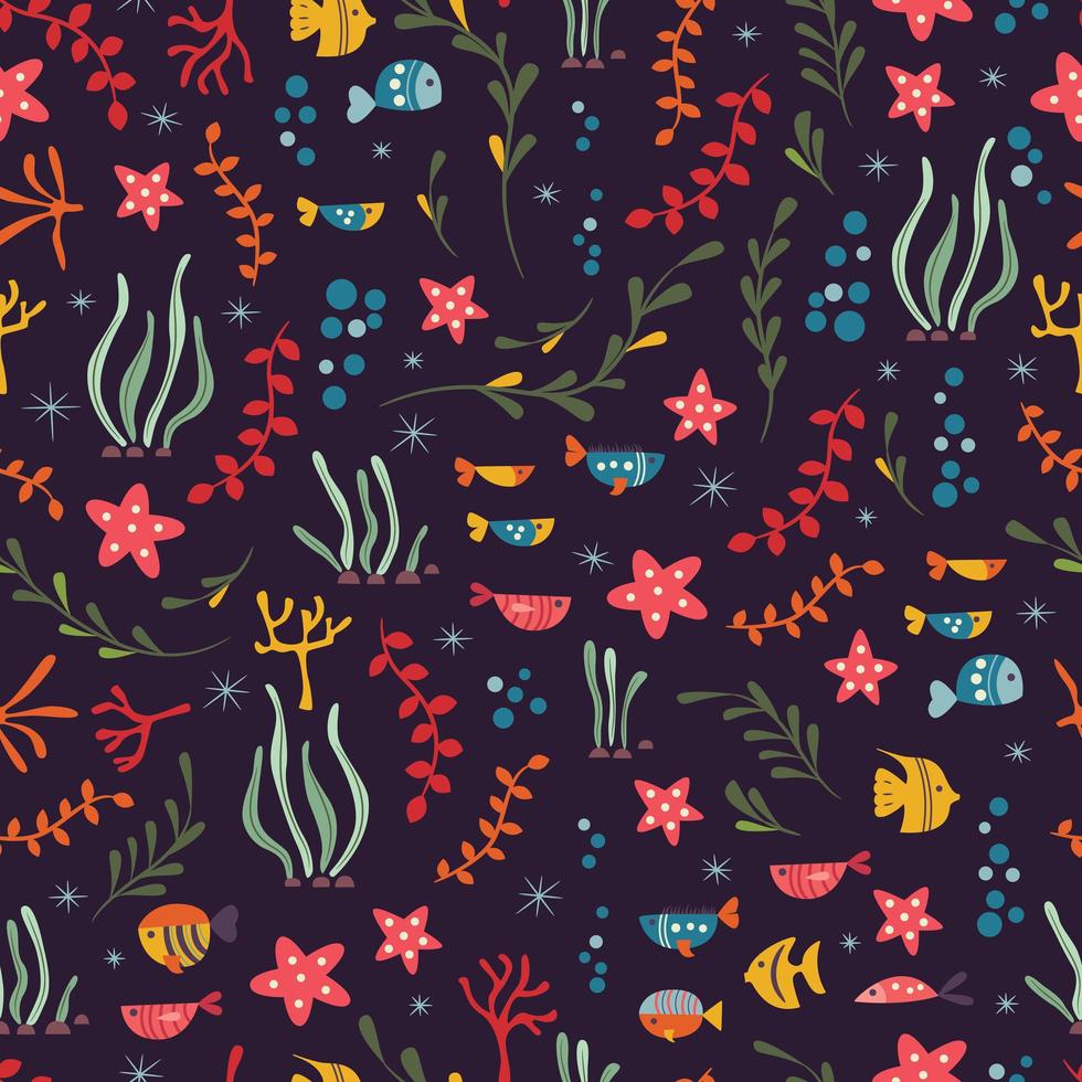 Seamless pattern with underwater ocean animals, cute fish and plants vector