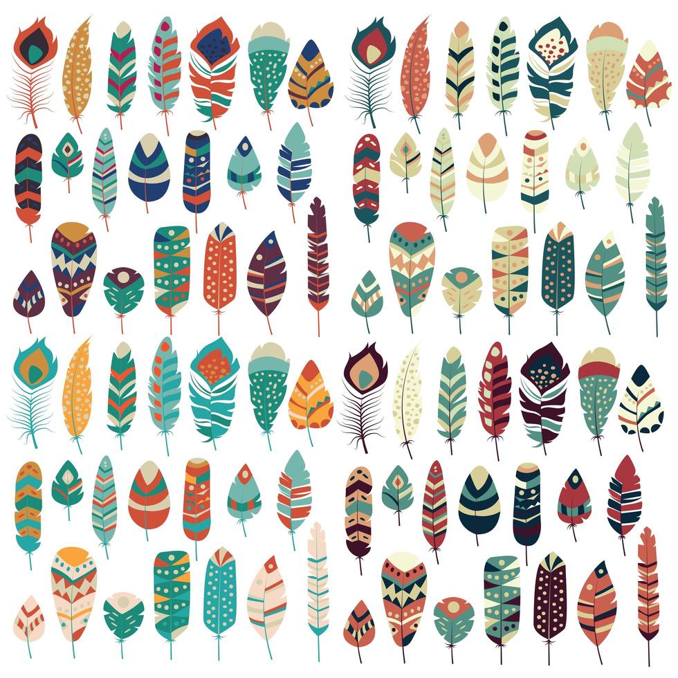 Collection of boho vintage tribal ethnic hand drawn colorful feathers vector