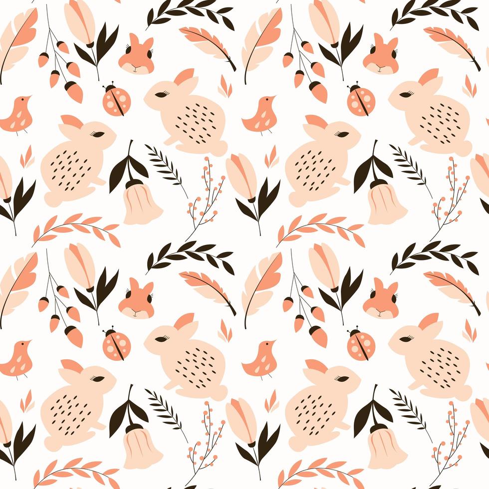 Seamless pattern with rabbits, lady bugs, birds and flowers vector