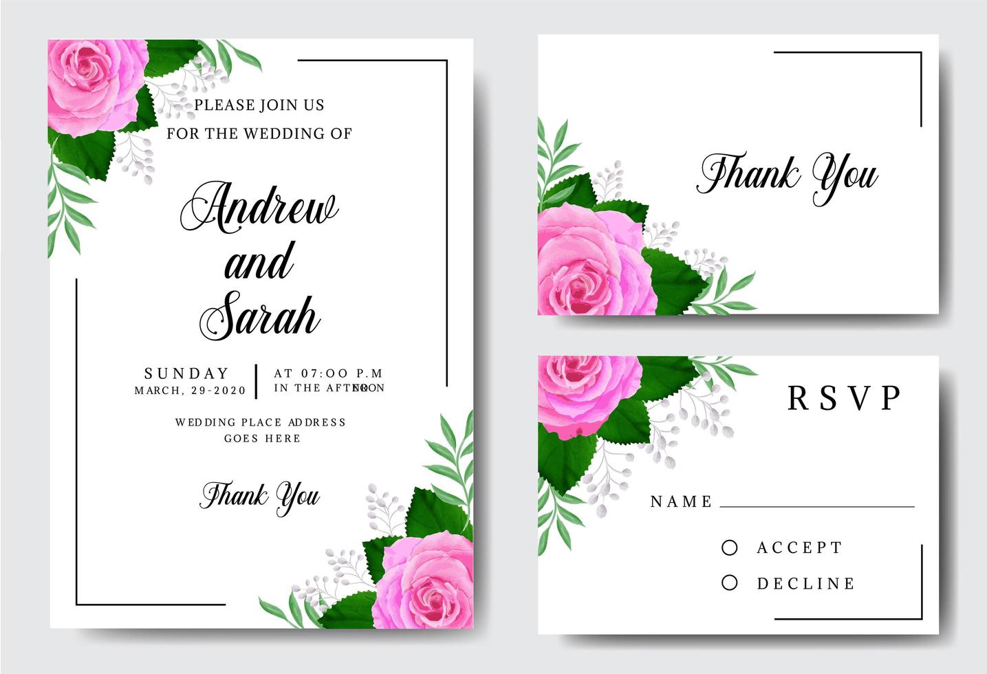 Watercolor Wedding Invitation with Roses on White vector