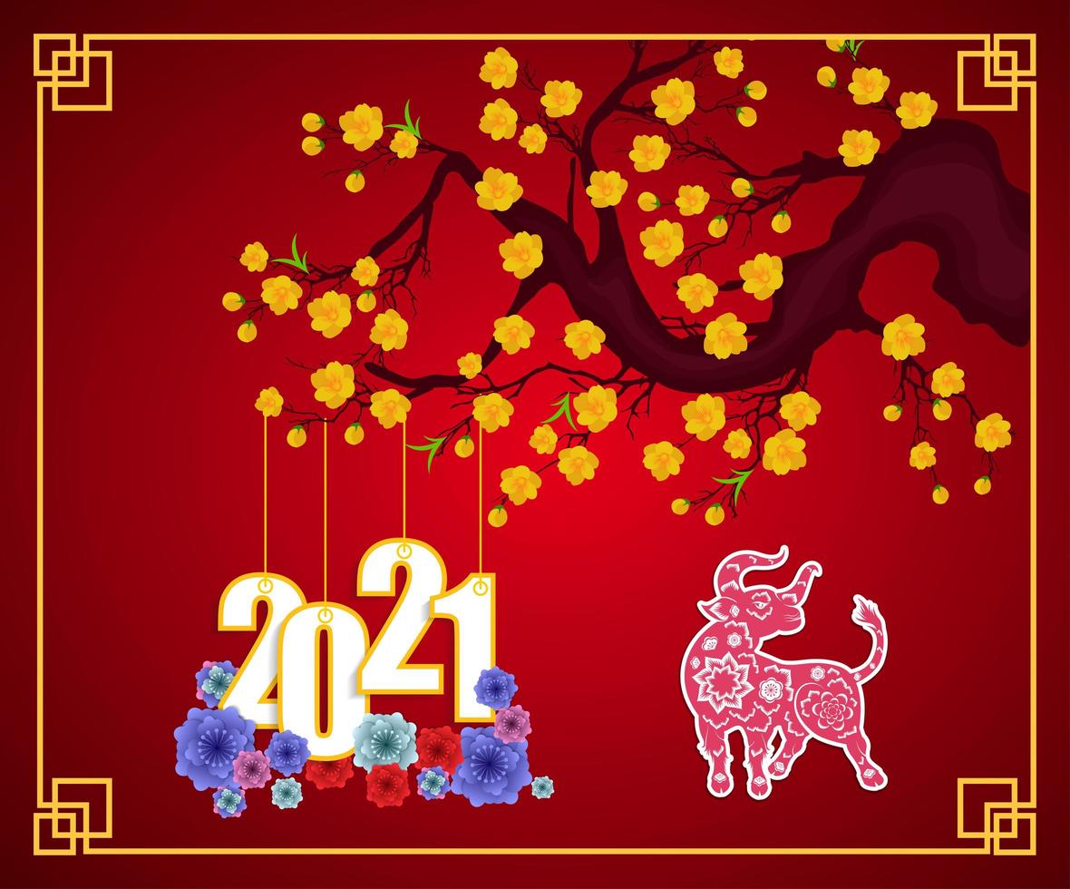 Chinese New Year 2021 Poster on Red with Branch and Flowers vector